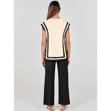 ANRABESS Women 2 Piece Outfits Casual Summer Sleeveless Tops Knit Pants Sweater Lounge Matching Sets 2025 Trendy Clothes Apricot-Black Small