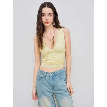 CIDER Lace Crop Tank Tops for Women Summer V Neck Sleeveless Going Out Tops Ruched Sexy Tee Trendy T...