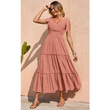PRETTYGARDEN Women's Summer Backless Boho Dress Tie Shoulder Sleeveless Knot Sun Dress Ruffled Hem Flowy Bohemian Maxi Dresses (Nude Pink,Large)