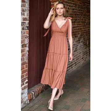 PRETTYGARDEN Women's Summer Backless Boho Dress Tie Shoulder Sleeveless Knot Sun Dress Ruffled Hem Flowy Bohemian Maxi Dresses (Nude Pink,Large)