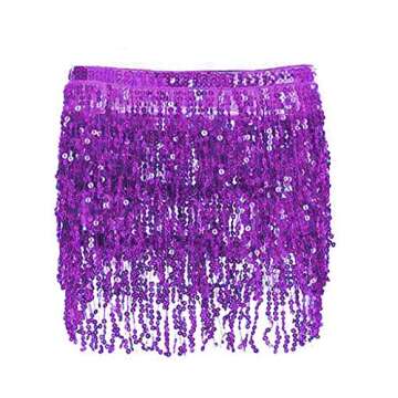 Belly Dance Sequin Tassel Skirt Hip Scarf Belt Mini Skirt Festival Rave Clothing for Women (Purple)