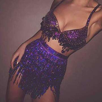 Belly Dance Sequin Tassel Skirt Hip Scarf Belt Mini Skirt Festival Rave Clothing for Women (Purple)