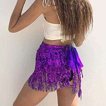 Belly Dance Sequin Tassel Skirt Hip Scarf Belt Mini Skirt Festival Rave Clothing for Women (Purple)
