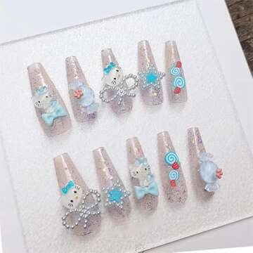 Nail Apparel Long Coffin Cute Kawaii Press on Nails 3D Cartoon Pink Glitter Rhinestone Heart Pearl B...