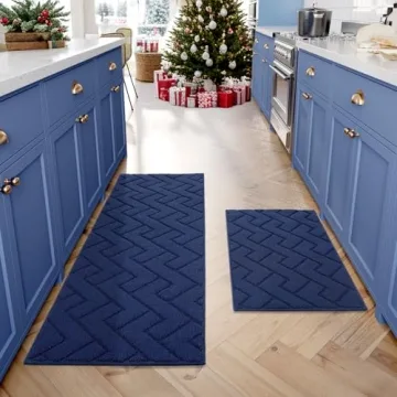 Hicorfe Non-Slip Kitchen Rug Set - Super Absorbent, Navy Blue