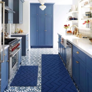 Hicorfe Non-Slip Kitchen Rug Set Super Absorbent Navy Blue