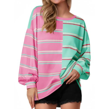 Tankaneo Fall Womens Long Sleeve Shirts Striped Round Neck Oversized Color Block T Shirts Casual Swe...