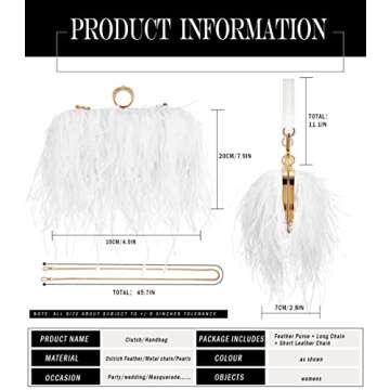 Zakia Real Natural Ostrich Feather Evening Clutch Shoulder Bag Party Bag (A-White)