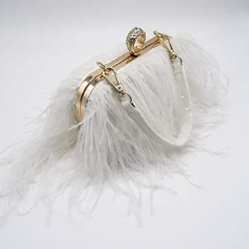 Zakia Real Natural Ostrich Feather Evening Clutch Shoulder Bag Party Bag (A-White)