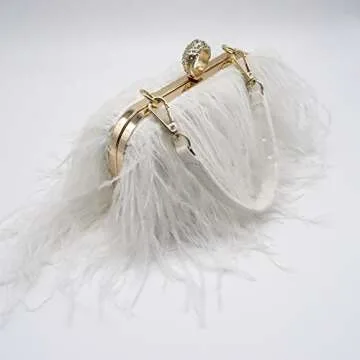 Zakia Real Natural Ostrich Feather Evening Clutch Shoulder Bag Party Bag (A-White)