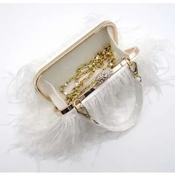Zakia Real Natural Ostrich Feather Evening Clutch Shoulder Bag Party Bag (A-White)