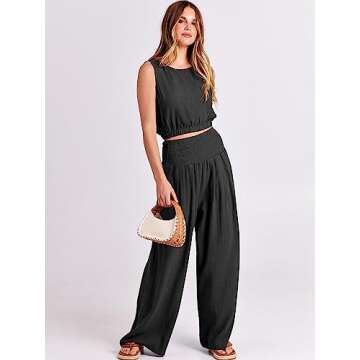 ANRABESS Women's 2 Piece Linen Lounge Set Casual Matching Pants Jumpsuit Summer Beach Travel Vacation Trendy Outfits Black X-Large