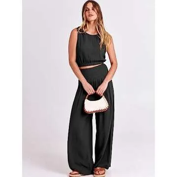 ANRABESS Women's 2 Piece Linen Lounge Set Casual Matching Pants Jumpsuit Summer Beach Travel Vacation Trendy Outfits Black X-Large
