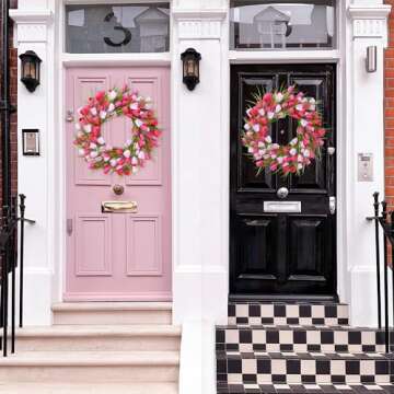 Sggvecsy 20in Tulip Wreath for Front Door Artificial Pink White Flower Wreath Spring Summer Silk Flower with Green Leaves for Gifts Festival Wedding Window Wall Decor