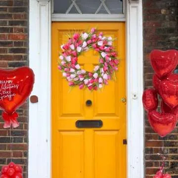 Sggvecsy 20in Tulip Wreath for Front Door Artificial Pink White Flower Wreath Spring Summer Silk Flower with Green Leaves for Gifts Festival Wedding Window Wall Decor