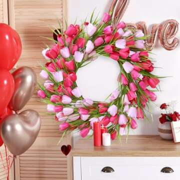 Sggvecsy 20in Tulip Wreath for Front Door Artificial Pink White Flower Wreath Spring Summer Silk Flower with Green Leaves for Gifts Festival Wedding Window Wall Decor