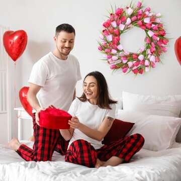 Sggvecsy 20in Tulip Wreath for Front Door Artificial Pink White Flower Wreath Spring Summer Silk Flower with Green Leaves for Gifts Festival Wedding Window Wall Decor