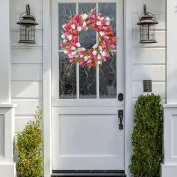 Sggvecsy 20in Tulip Wreath for Front Door Artificial Pink White Flower Wreath Spring Summer Silk Flower with Green Leaves for Gifts Festival Wedding Window Wall Decor