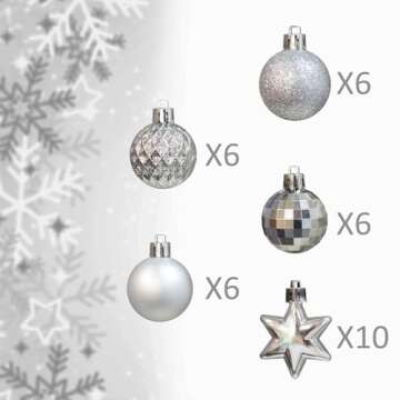 KI Store Silver Christmas Balls 34pcs 1.57-Inch Small Christmas Tree Decoration Ornaments for Xmas Tree Holiday Wreath Garland Decor Ornaments Hooks Included