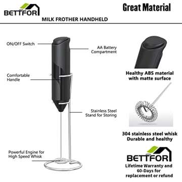BETTFOR Electric Milk Frother Handheld with Stand Battery Powered Coffee Whisk Frother, Drink Mixer Handheld For Coffee, Frappe, Latte, Matcha, Hot Chocolate