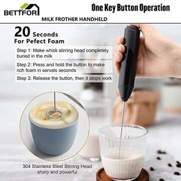 BETTFOR Electric Milk Frother Handheld with Stand Battery Powered Coffee Whisk Frother, Drink Mixer Handheld For Coffee, Frappe, Latte, Matcha, Hot Chocolate
