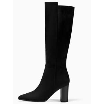 Juliet Joly Women's Wide Calf Knee High Boots Stacked Block High Heel Bootie Side Zip Pointed Toe Heeled Booties