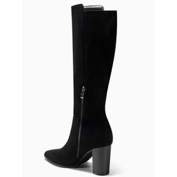 Juliet Joly Women's Wide Calf Knee High Boots Stacked Block High Heel Bootie Side Zip Pointed Toe Heeled Booties
