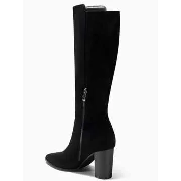Juliet Joly Women's Wide Calf Knee High Boots Stacked Block High Heel Bootie Side Zip Pointed Toe Heeled Booties