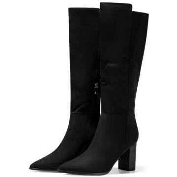 Juliet Joly Women's Wide Calf Knee High Boots Stacked Block High Heel Bootie Side Zip Pointed Toe Heeled Booties