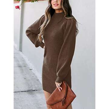 ANRABESS Women Long Sleeve Turtle Mock Neck Rib Knit Stretch Slim Fitted Bodycon Sweater Mini Short Dress 2024 Fall Outfits Brown Large