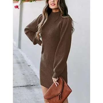 ANRABESS Women Long Sleeve Turtle Mock Neck Rib Knit Stretch Slim Fitted Bodycon Sweater Mini Short Dress 2024 Fall Outfits Brown Large