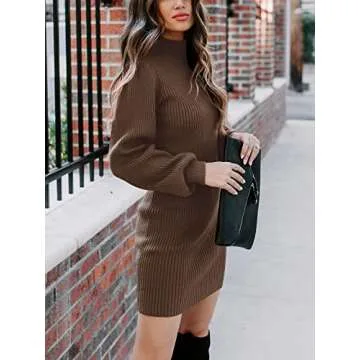 ANRABESS Women Long Sleeve Turtle Mock Neck Rib Knit Stretch Slim Fitted Bodycon Sweater Mini Short Dress 2024 Fall Outfits Brown Large