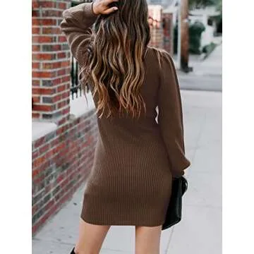ANRABESS Women Long Sleeve Turtle Mock Neck Rib Knit Stretch Slim Fitted Bodycon Sweater Mini Short Dress 2024 Fall Outfits Brown Large