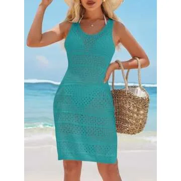 Dokotoo Swim Cover Up for Women 2025 Sexy Crewneck Sleeveless Hollow Out Summer Split Hem Swimsuit Coverup Resort Wear Cruise Outfits Beach Crochet Dress Sea Green Small