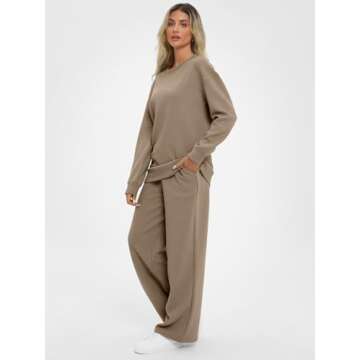 AUTOMET Womens Two Piece Sets Fall Outfits Long Sleeve Pullover Top and Wide Leg Pants Casual Dressy Lounge Set 2024 Trendy Sweatsuit Tracksuits with Pockets Fashion Travel Clothes Khaki S