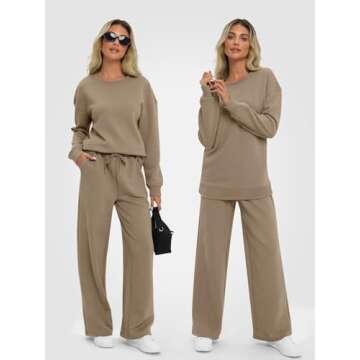 AUTOMET Womens Two Piece Sets Fall Outfits Long Sleeve Pullover Top and Wide Leg Pants Casual Dressy Lounge Set 2024 Trendy Sweatsuit Tracksuits with Pockets Fashion Travel Clothes Khaki S