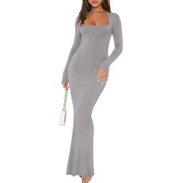 Stylish REORIA Women's Square Neck Long Sleeve Maxi Dress - Perfect for All Occasions