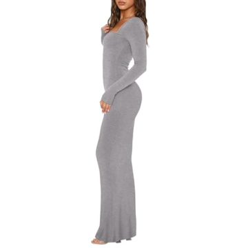 REORIA Women's Square Neck Long Sleeve Maxi Dress