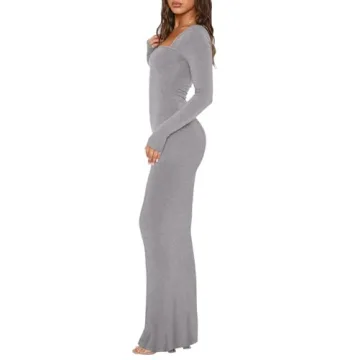 REORIA Women's Square Neck Long Sleeve Maxi Dress