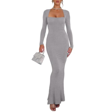 REORIA Women's Square Neck Long Sleeve Maxi Dress