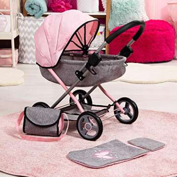 Bayer Dolls 4-in-1 Toy Baby Doll Pram Stroller Cosy Set - Dolls Up to 18" (Pink/Grey)