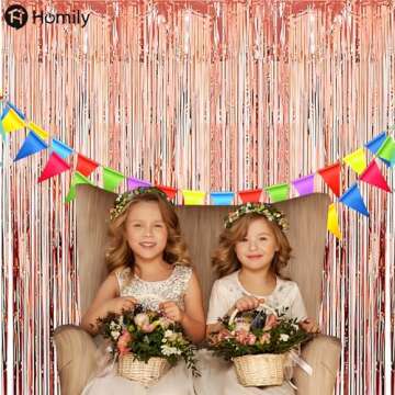 Homily Rose Gold Backdrop Curtain Rose Gold Party Decor with Foil Tassel Curtain Backdrop 2-Pack