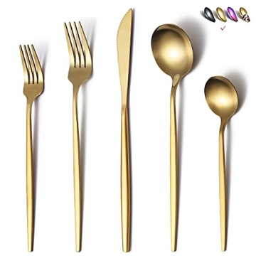 Matte Gold Silverware Set 20 Pieces, Stainless Steel Golden Flatware Set, Titanium Plating Cutlery S...