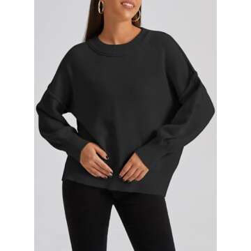Koandaily Black Sweaters for Women Long Sleeve Side Slit Sweater Crew Neck Fall Sweaters 2024 Trendy Pullover Top L