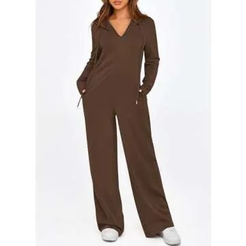 KIRUNDO Jumpsuits for Women Casual Long Sleeve Spring One Piece Outfits 2025 Drawstring Hoodie Zip Up Loose Romper Overalls(Coffee, Medium)