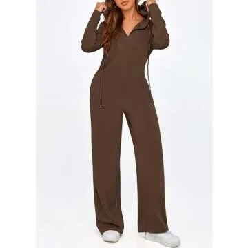 KIRUNDO Jumpsuits for Women Casual Long Sleeve Spring One Piece Outfits 2025 Drawstring Hoodie Zip Up Loose Romper Overalls(Coffee, Medium)