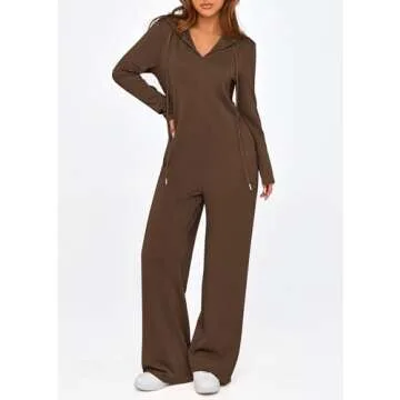 KIRUNDO Jumpsuits for Women Casual Long Sleeve Spring One Piece Outfits 2025 Drawstring Hoodie Zip Up Loose Romper Overalls(Coffee, Medium)