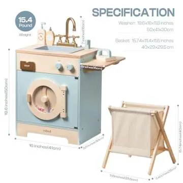 ROBUD Wooden Laundry Playset, Washer and Dryer Set for Kids, Realistic Pretend Play Washing Machine with Basket, Iron, Soap, Bleach, Laundry Detergent, Gift for Boys & Girls, Ages 3+