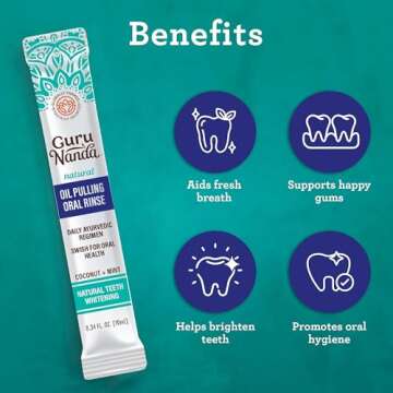 GuruNanda Travel Sachets Coconut Oil Pulling, Fresh Breath & Whitening Mouthwash, 7 Essential Oils & Vitamins for Happy Teeth & Gums, 28 Sachets