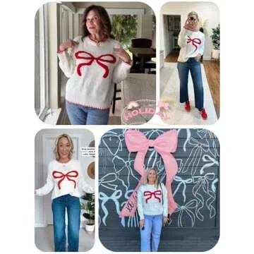 MINSURE Women Y2K Bow Knit Sweater Crew Neck Long Sleeve Knitted Pullover Oversized Contrast Trim Knitwear(Beige-S)